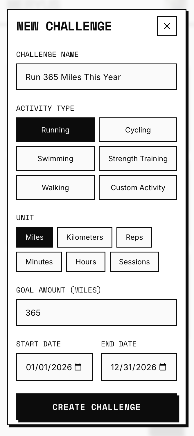 New challenge form showing activity type selection, goal amount, and date range